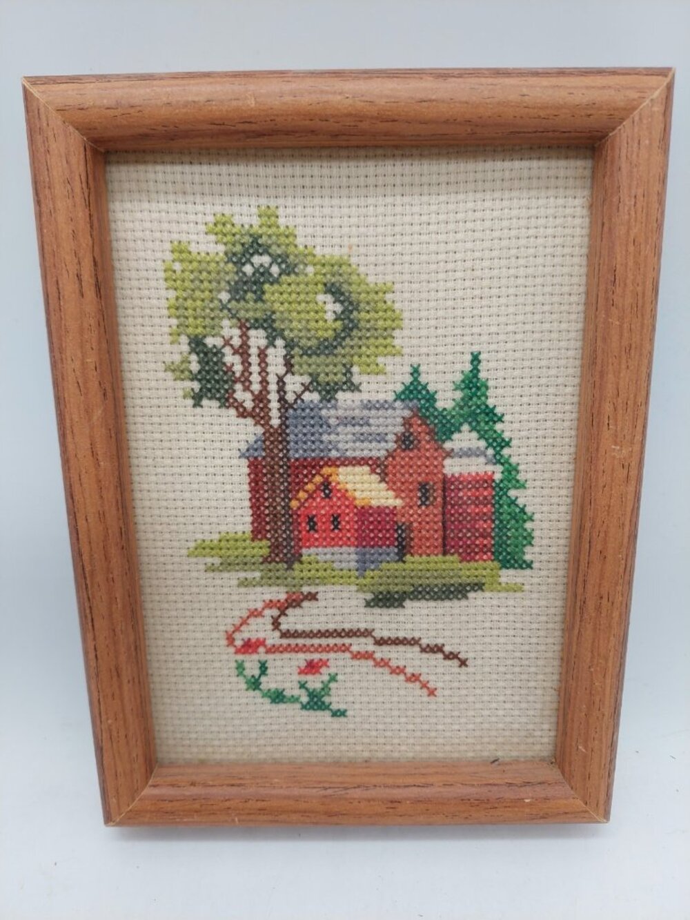 Vintage Needlepoint Farm House Barn Tree Framed Handmade